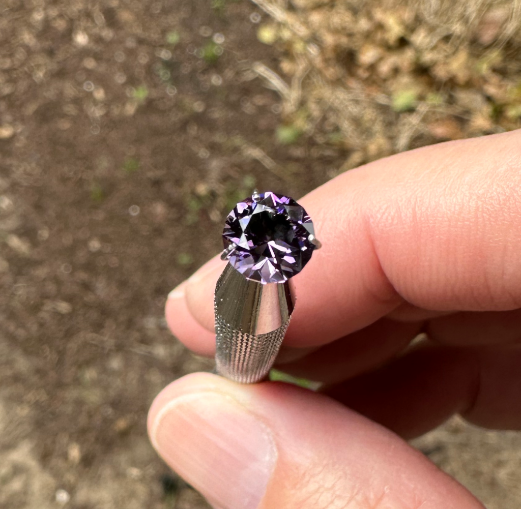 Amethyst SRB faceting completed. 6 mm diameter, 0.85 carats.