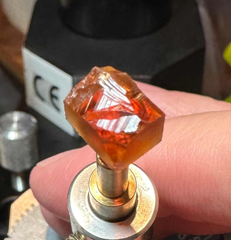 Santa Madeira Citrine roughing in for an Emerald Cut.