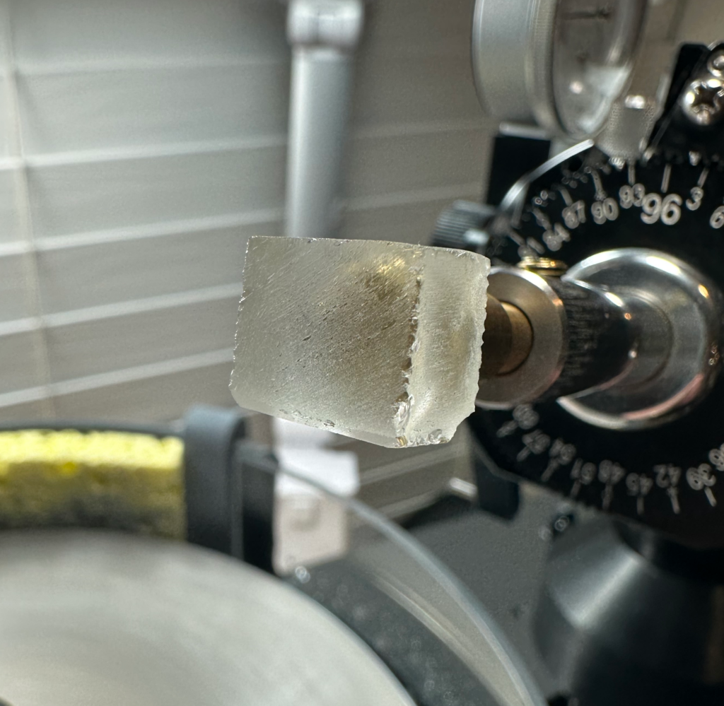 21.0 carat Clear Quartz block ready to be cut into the Frost Star Hex design.